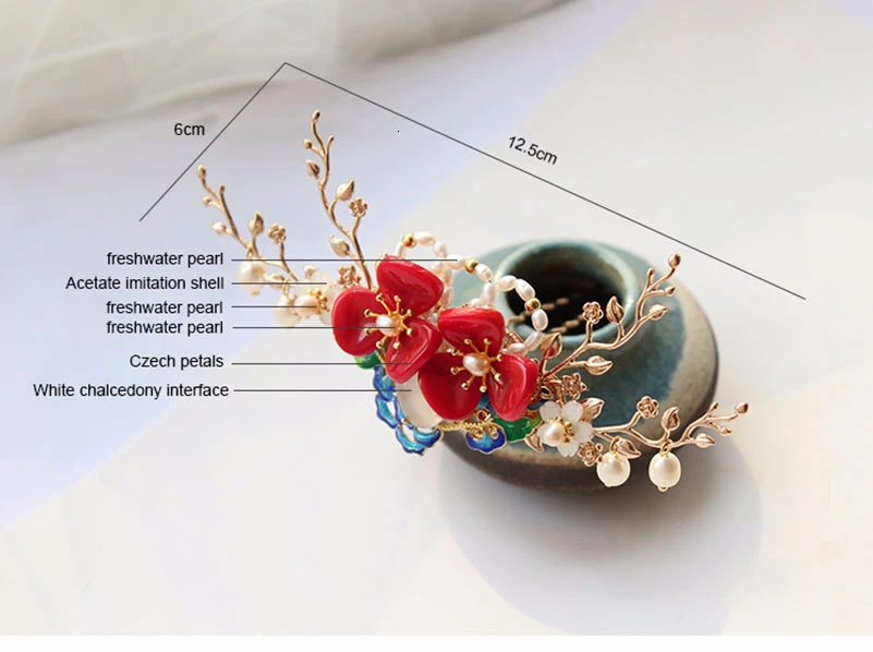 Шпилька для волос с красными цветами и пресноводным жемчугом|Украшения волос| |