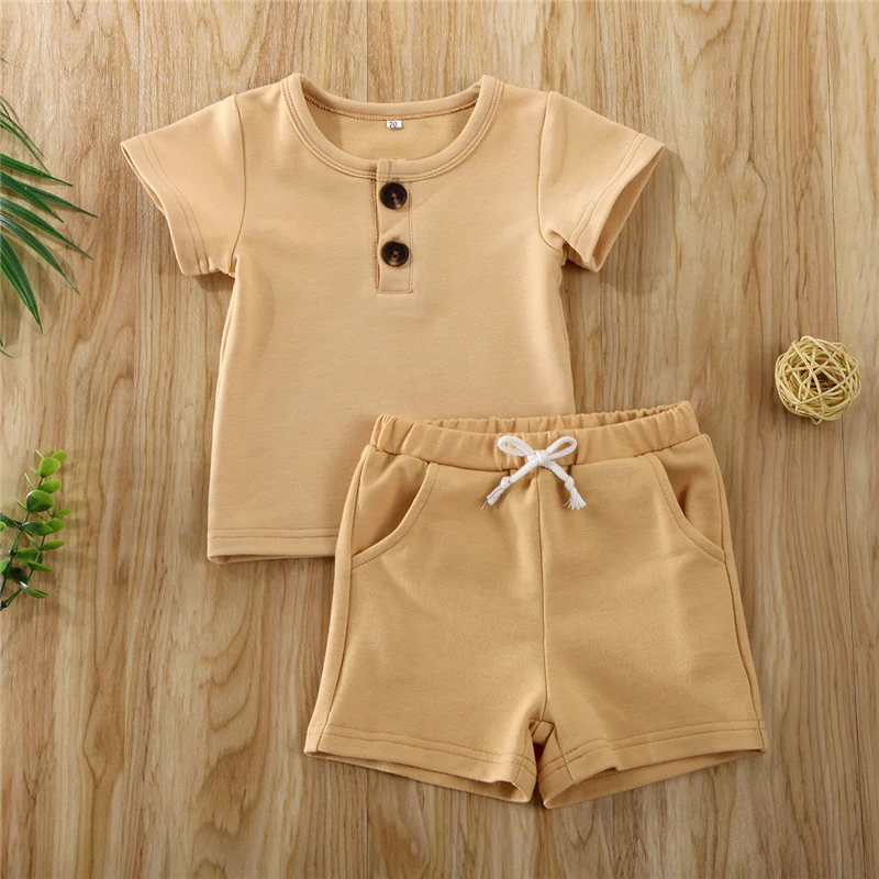 2020 Newborn Kid Baby Girl Boy Summer Clothes Set Short Sleeve Top T-shirt Shorts Pants 2Pcs Outfit Solid Color 0-24M | Детская одежда