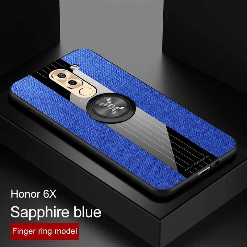 Blue With Ring Чехол для huawei Honor 6X, тканевый жесткий чехол на заднюю панель, мягкая рамка, тканевый чехол для телефона, для huawei mate 9 Lite, 5,5 дюймов, магнитный держатель-кольцо - Цвет: Blue With Ring