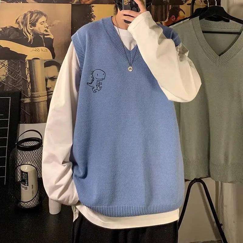

Sweater vest for men embroidery new V-neck knit tops Korean fashion all-match knitted waistcoat shirt outerwear man clothes