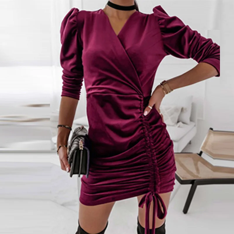 

Casual Winter Warm Mini Dress Autumn Long Puff Sleeve Party Dress Elegant Bandage Belt Women Velvet Dress Streetwear