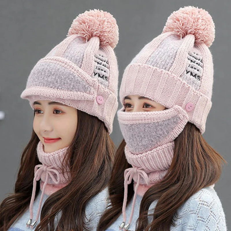 

Fashion Winter Plush Hats Women Knitted Beanie Hat Wool Hat With Bib Scarf Pom Ball Hat Female Warm Chunky Thick Stretchy Cap