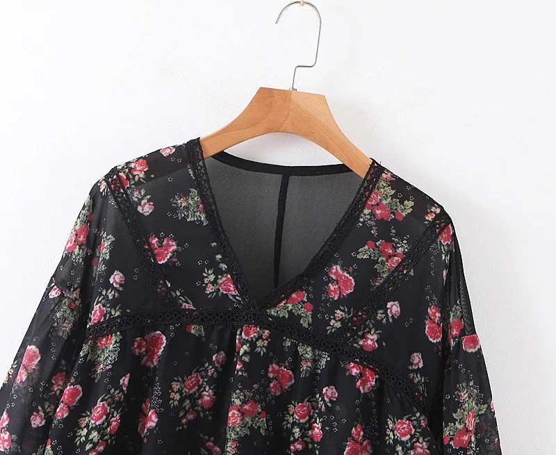 2019 za женские модные кружевные лоскутные рубашки с v-образным вырезом и принтом