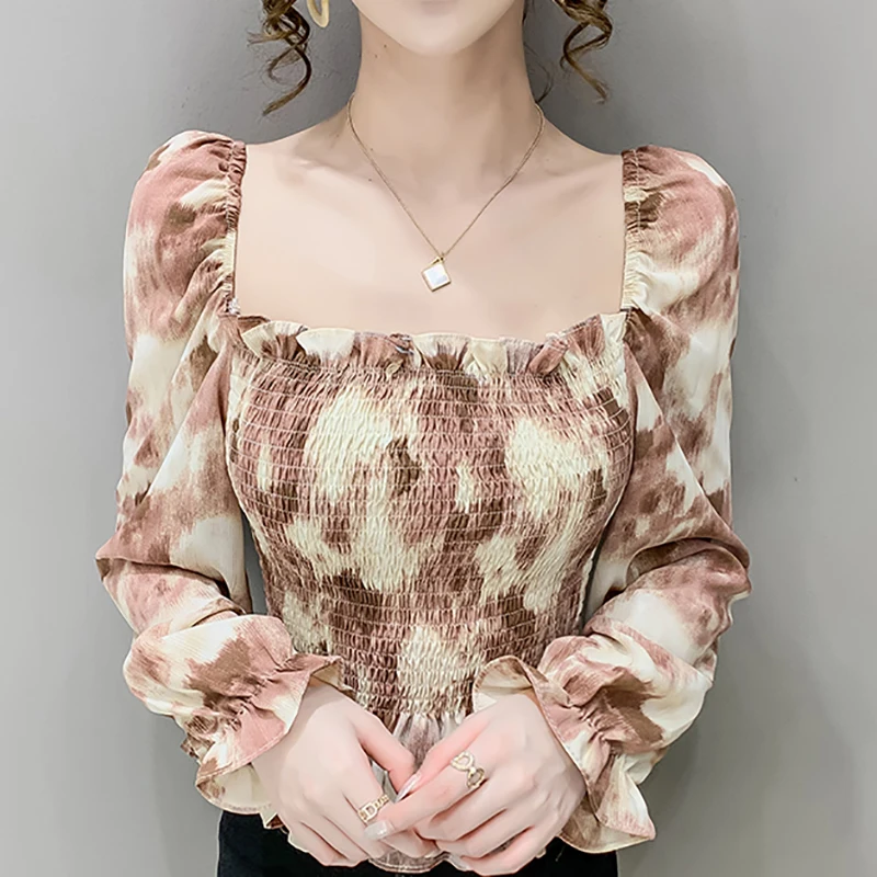 

Tie dye Floral Slim Crop Top Women Blouse 2021 Autumn Pleated Ruffles Ladies Tops Puff Sleeve Vintage Clothes Blusas Para Mujer