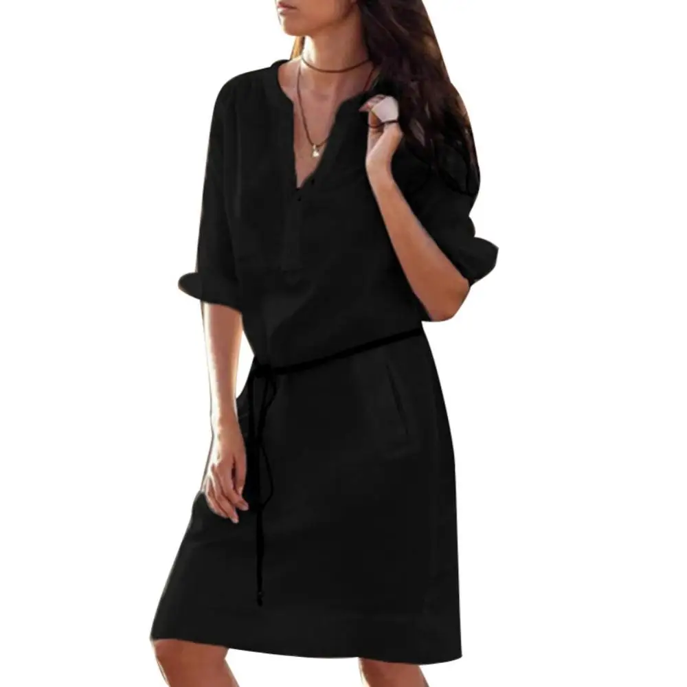 

70% Hot Sell summer women's dress 2021 Autumn Summer Women V-Neck Long Sleeve Pocket Casual Short Dress with Waist Band