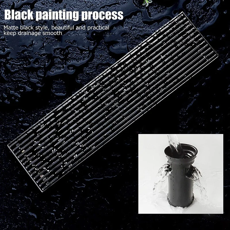 

304 Stainless Steel Floor Drain Linear Shower Floor Drain Black Floor Drain with Rectangular Grille Cover Removable.