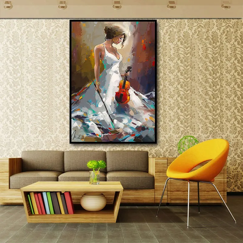 Абстрактное искусство с девушкой играющей скрипкой и танцующей картиной на