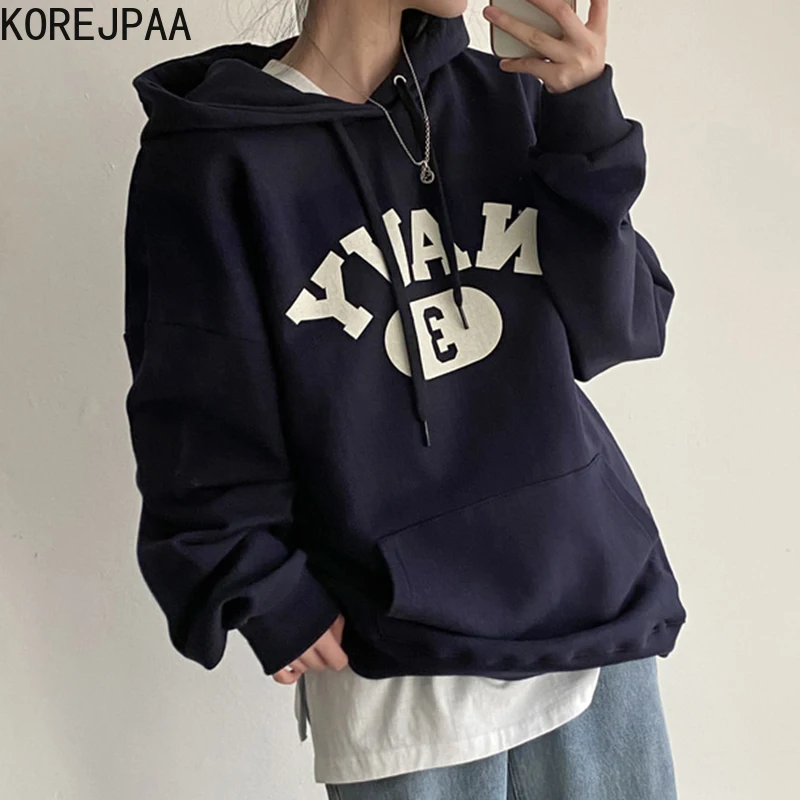 

Женский пуловер Korejpaa, корейский стиль, с круглым вырезом, большими карманами, с надписью, с капюшоном и длинными рукавами, осень 2021