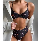 GNIM Высокая талия купальный костюм бикини Для женщин пуш-ап Комплект из 2 предметов пляжная одежда с принтом в виде бабочек с низким вырезом на спине купальник с высокой ванный комплект новый