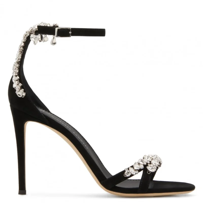 

Flat bottom sandals women's net red same black one word with crystal diamond chain thin heel open toe sexy high heel shoes women