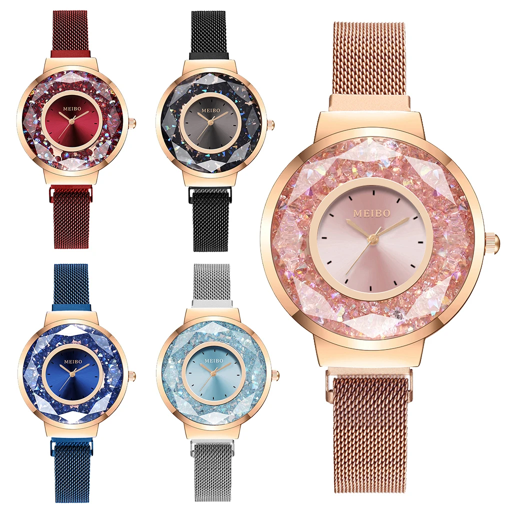 Часы женские кварцевые с магнитной пряжкой роскошные движущимся бриллиантом