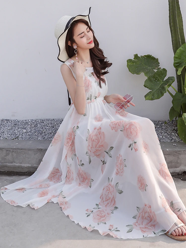 

New Bohemia Summer Beach Printed Chiffon Dress 2021 Skirt of tall Waist a Fork O-Neck Empire Sleeveleess Bandage Dress