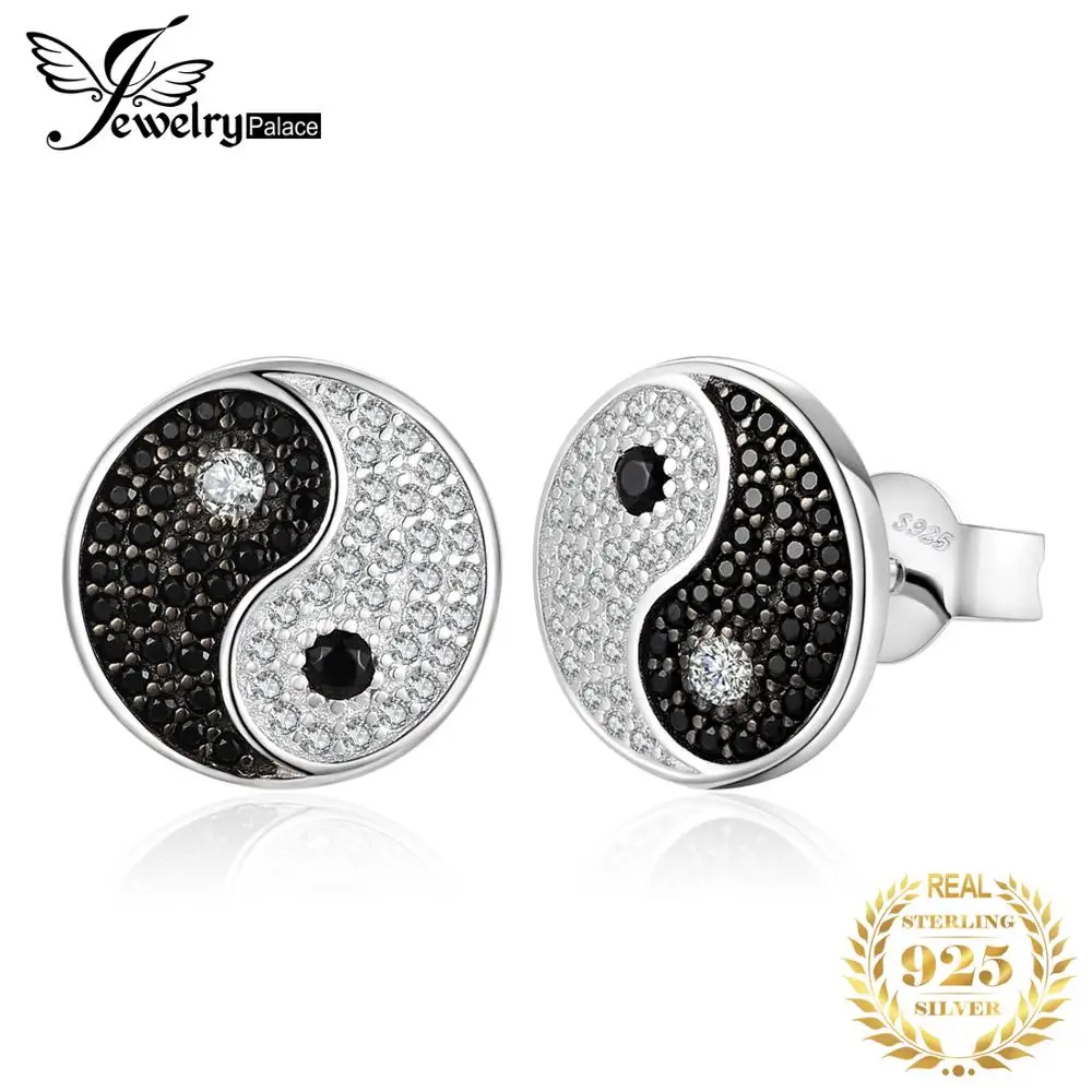 

JewelryPalace Tai Chi Yin Yang Genuine Black Spinel 925 Sterling Silver Stud Earrings for Women Round Coin Gemstone Earrings