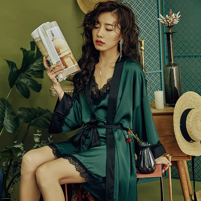 

Sexy Sling Sleeping 2 piece Robes Nightgown Set Imitation Silk Lace Pajamas Sleepwear Women Pajama Night Suits Nightdress Pyjama