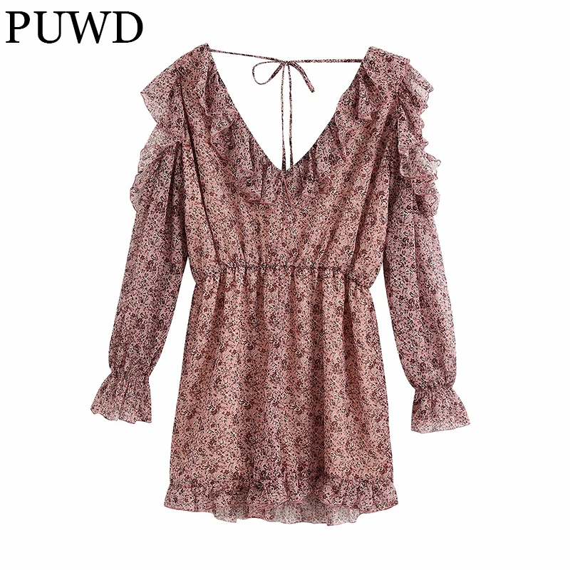 

PUWD Casual Women Ruffled Floral Chiffon Jumpsuit 2021 Autumn V-neck StreetRetro Waist Trendy Slim Sweet Tether Female Clothing