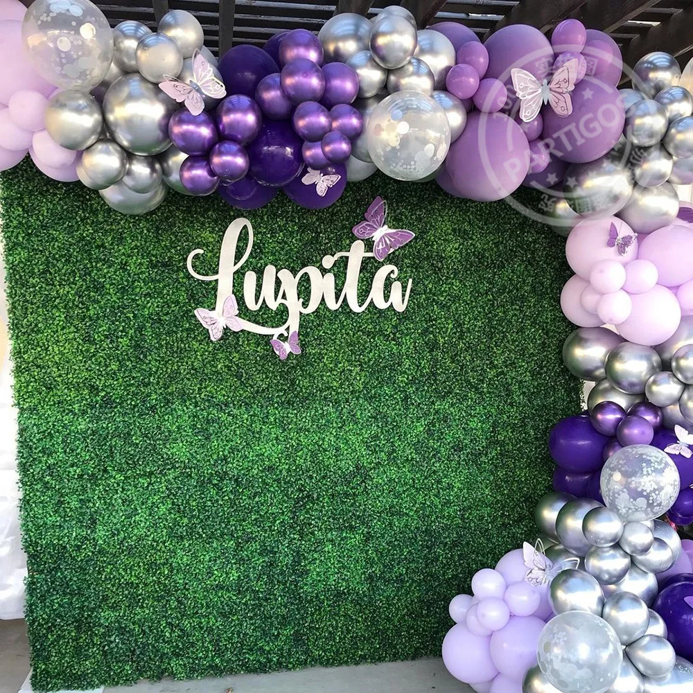 Guirnalda de globos de boda p&uacute;rpura, Kit de arco de globos met&aacute;licos de color morado y plateado, Macaron, decoraci&oacute;n de cumplea&ntilde;os y aniversario de una fiesta, 132 Uds.-0