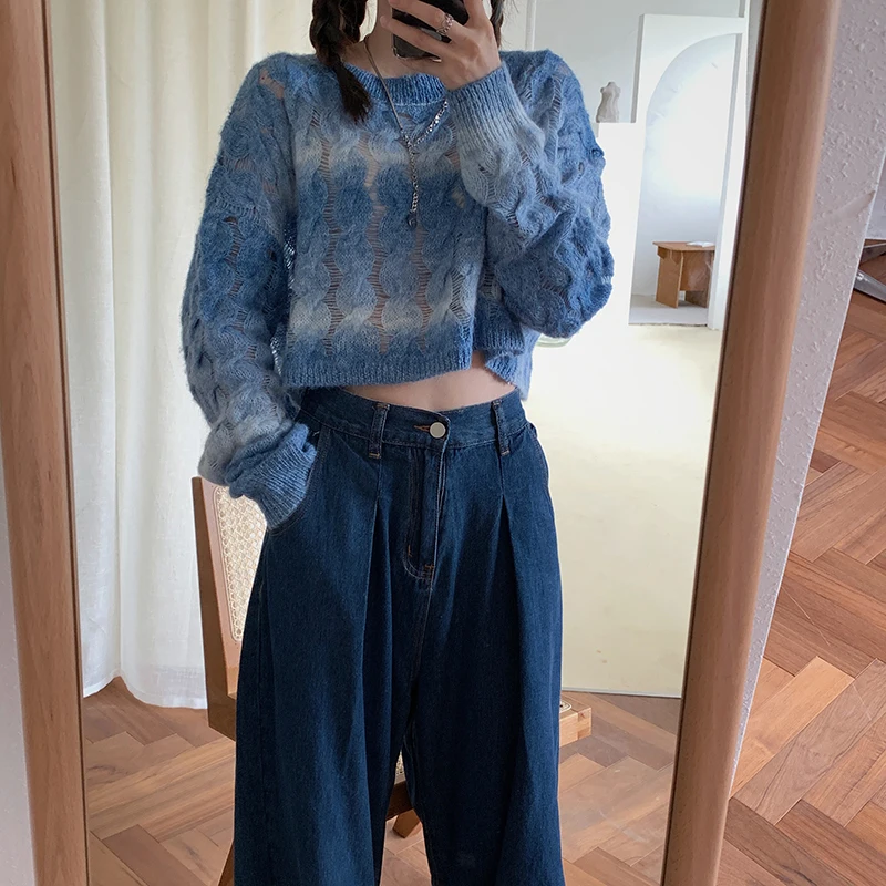 

O-neck Woman Sweaters Loose Knitted Hollow Out Chic Pullovers Korean Clothes Autumn Preppy Style Pullovers Fashion Brand New