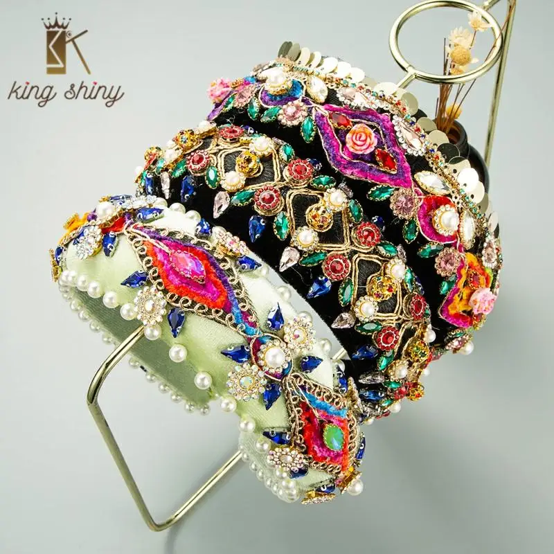 

Ethnic Baroque Colorful Crystal Flower Headband for Woman Rhinestone Padded Simulated Pearl Sponge Hairband Headpieces for Girls