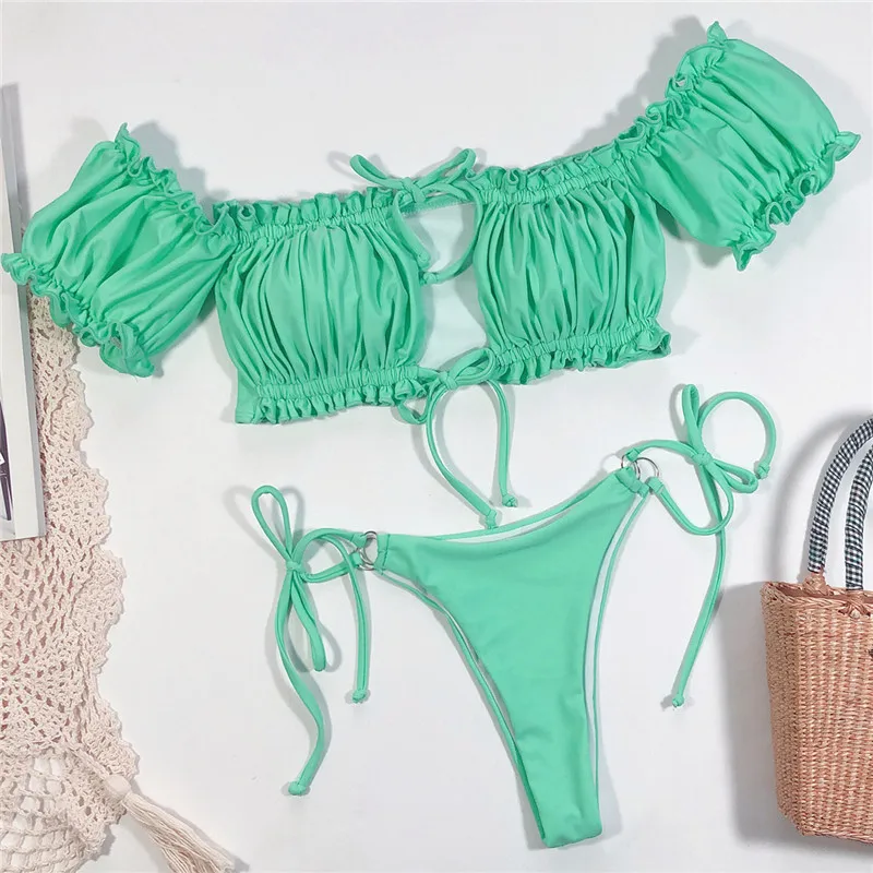 

New Ruffles Bikinis Set Beachwear 2021 Salsh Neck Puff Short Sleeve Push Up Tank Hollow Out Lace-up Ring Patchwork Thong