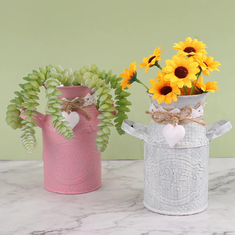 

Creative Cylindrical Flower Pots Planters Iron Jug with Handles Vase Home Decor