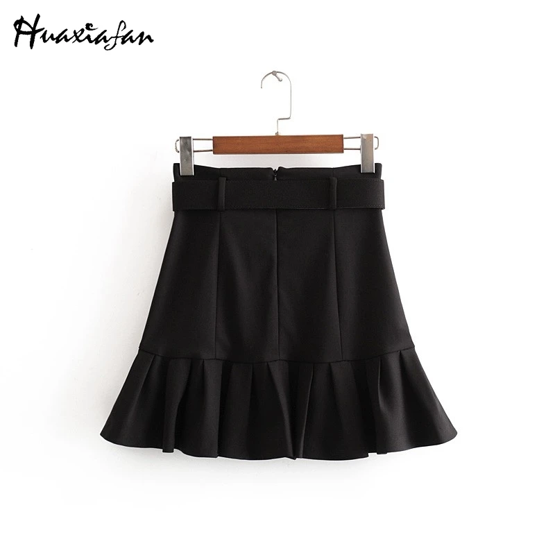 Huaxiafan Women Skirts Black Ruffles A Line Sashes Spring Autumn Ladies Vintage Stylish Solid Color Female Casual | Женская одежда