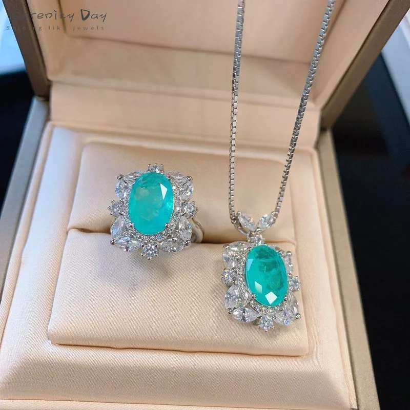 

Serenity Day 100% 925 Sterling Silver Paraiba Sparkling Gemstone Ring Pendant Necklace Wedding Party Jewelry Sets Wholesale