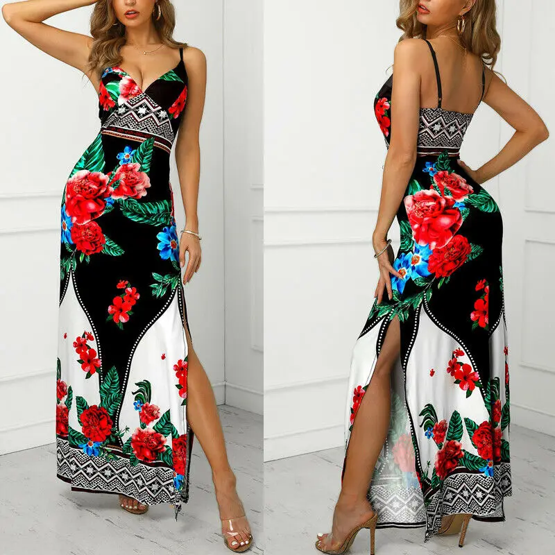Женское сексуальное Бохо Макси платье цветочный принт слинг крест V шеи сарафан