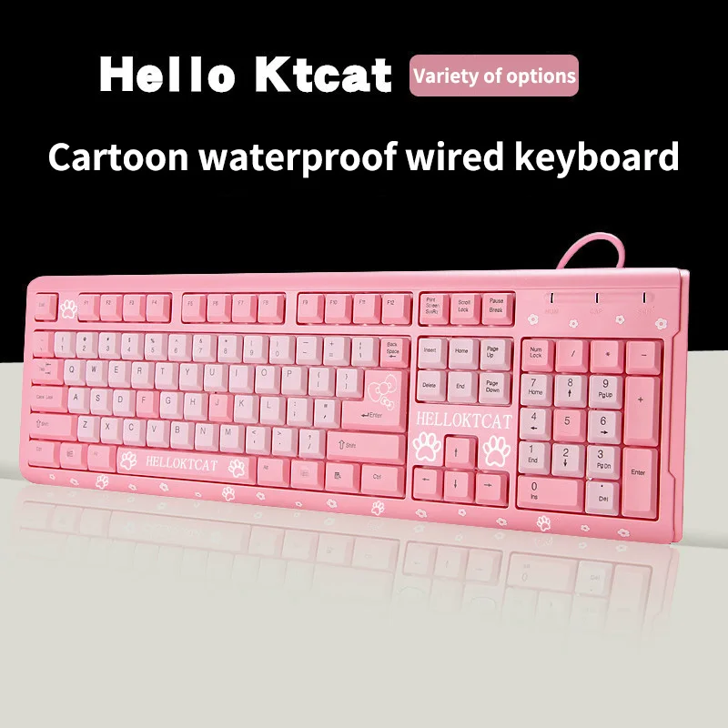 

Helloktcat Pink 104 Wired Keyboard Cute USB Ultra-thin Cartoon Cat Home Laptop Keyboard Office Gaming Peripheral Electronics USB