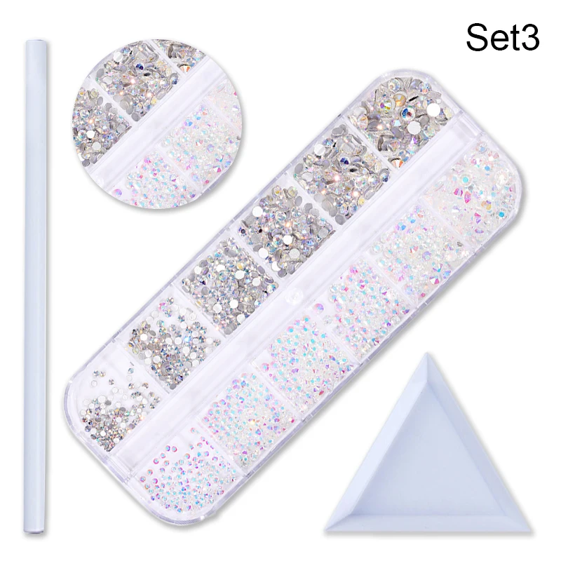 Set 3 1 коробка для дизайна ногтей 3D Амулеты Стразы для ногтей круглые смешанные цвета, плоский задник красочные блестящие стразы для украшения ногтей - Цвет: Set 3