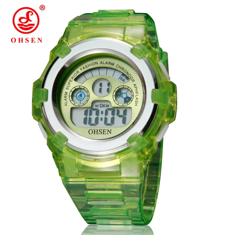 Green watch OHSEN брендовые спортивные жк-часы, наручные часы для детей, девочек, цифровой дисплей, силиконовый ремешок для дайвинга, розовые милые модные цифровые часы - Цвет: Green watch