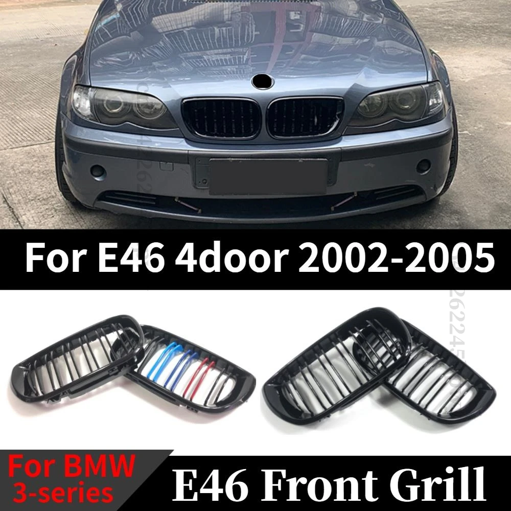 Gloss Black Front Kidney Double Slat Grill For BMW E46 4 Door 4D 3 Series 2002 2003 2004 2005 318i 320i 325i 330i Grillles