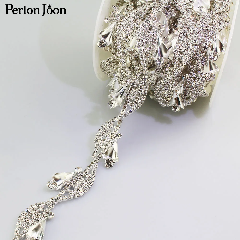 1 yard silver morning glory Wavy flowers crystal rhinestone trim decorative metal chain clothing accessories ML085 | Дом и сад