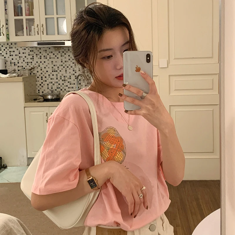 

100% Cotton TEE 2021 New Summer Casual Women T-shirt Harajuku Cute Oranges Print T Shirt Female Short Sleeve Cotton Tops