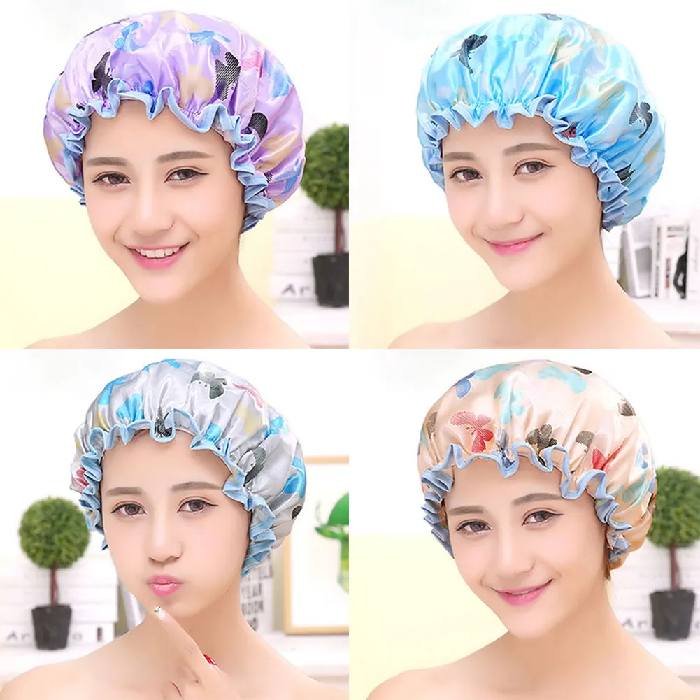 Женская двухслойная Водонепроницаемая эластичная шапочка для душа с рисунком