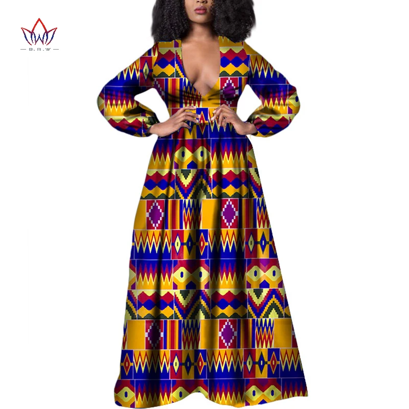 

BintaRealWax Women African Sexy V-Neck Long Sleeve Dress Dashiki African Dresses African Elegent Clothes Wedding Dresses WY1449