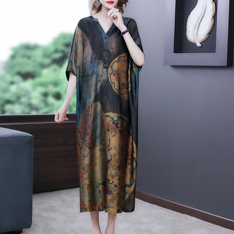 

COIGARSAM 4XL Plus Size Vintage Print Women Long dress New Summer Loose Batwing Sleeve Dresses Coffee Black Blue-black 8687