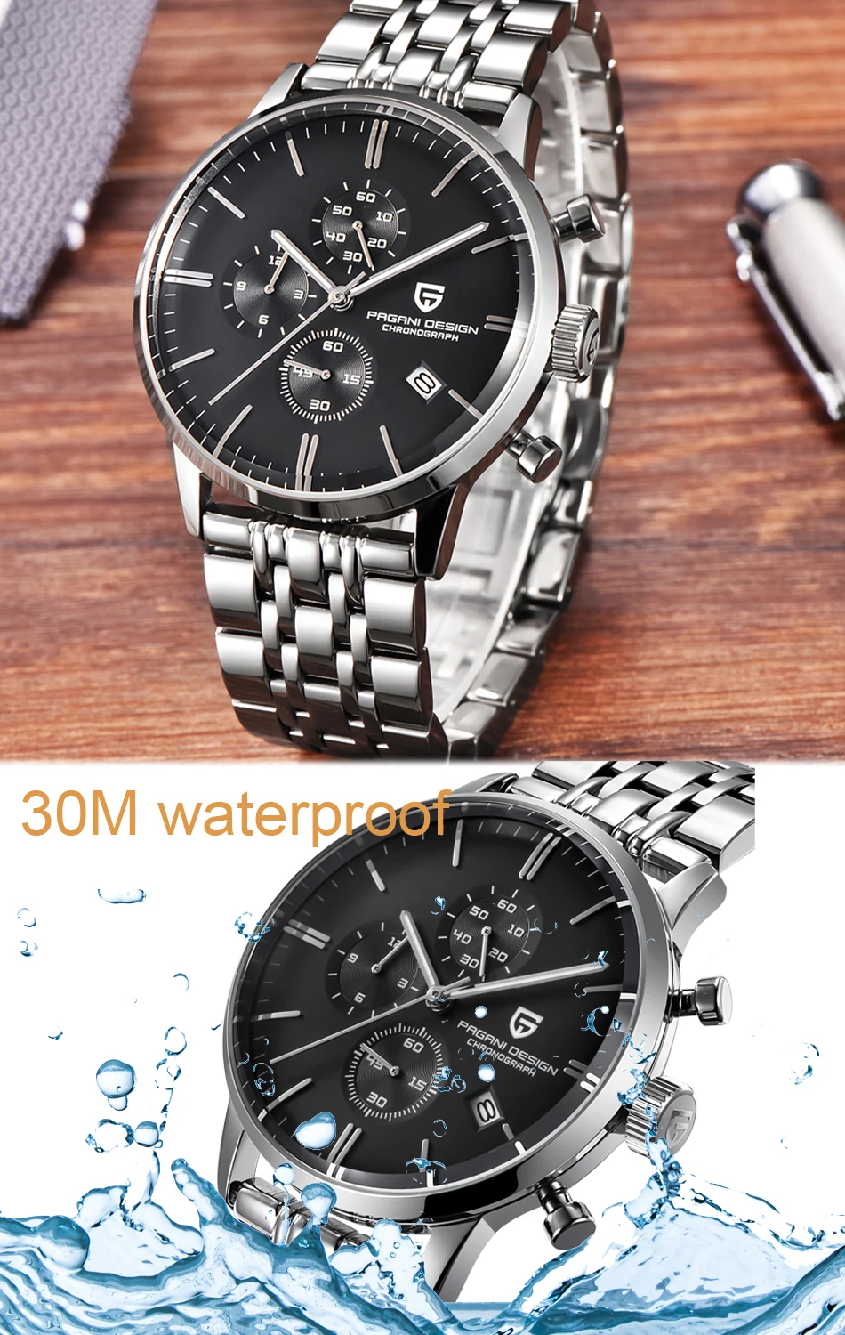 Бренд класса люкс водонепроницаемые 30 метров кожа Япония Seiko VK67 движение кварцевые часы для мужчин Relogio Masculino подарок Bluetooth гарнитура