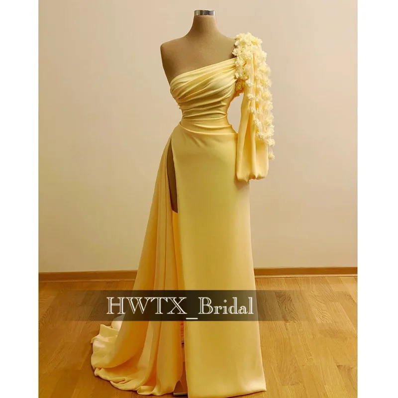 Yellow One Shoulder Evening Dresses with Single Long Sleeve 3D Flower High Slit Prom Dress 2020 Formal Party Gowns vestidos | Свадьбы и