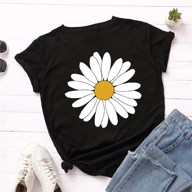 

Oversized T Shirt Vintage Daisy Flower Print T-Shirt 100%Cotton O Neck Short Sleeve Tees Women Summer Loose Tops Casual TShirt