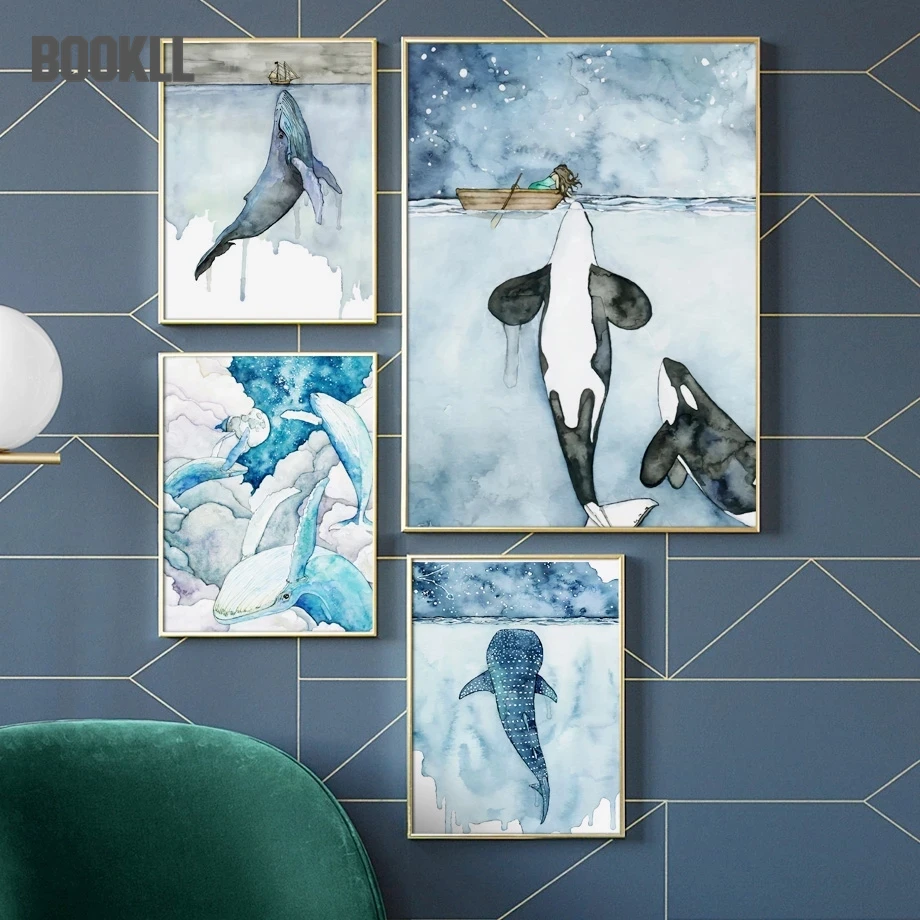 

Nordic Style Abstract Whale Shark Boat Landscape HD Print Art Canvas Painting Poster Modern Home Decoration For Living Room Bedr