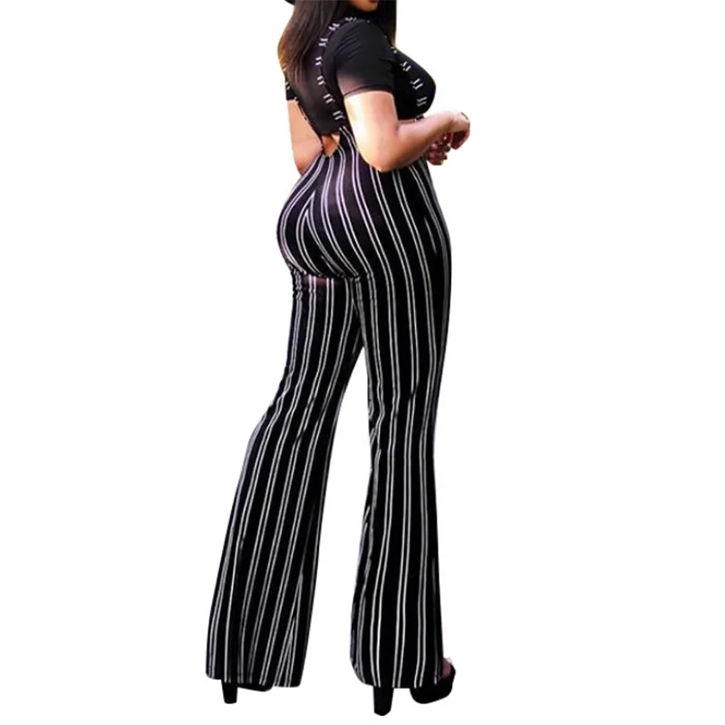 

2020 New Women Rompers Overalls Fashion Striped Pants High Waist Zipper Flare Trousers Black Striped Long Pants Jumpsuit Female