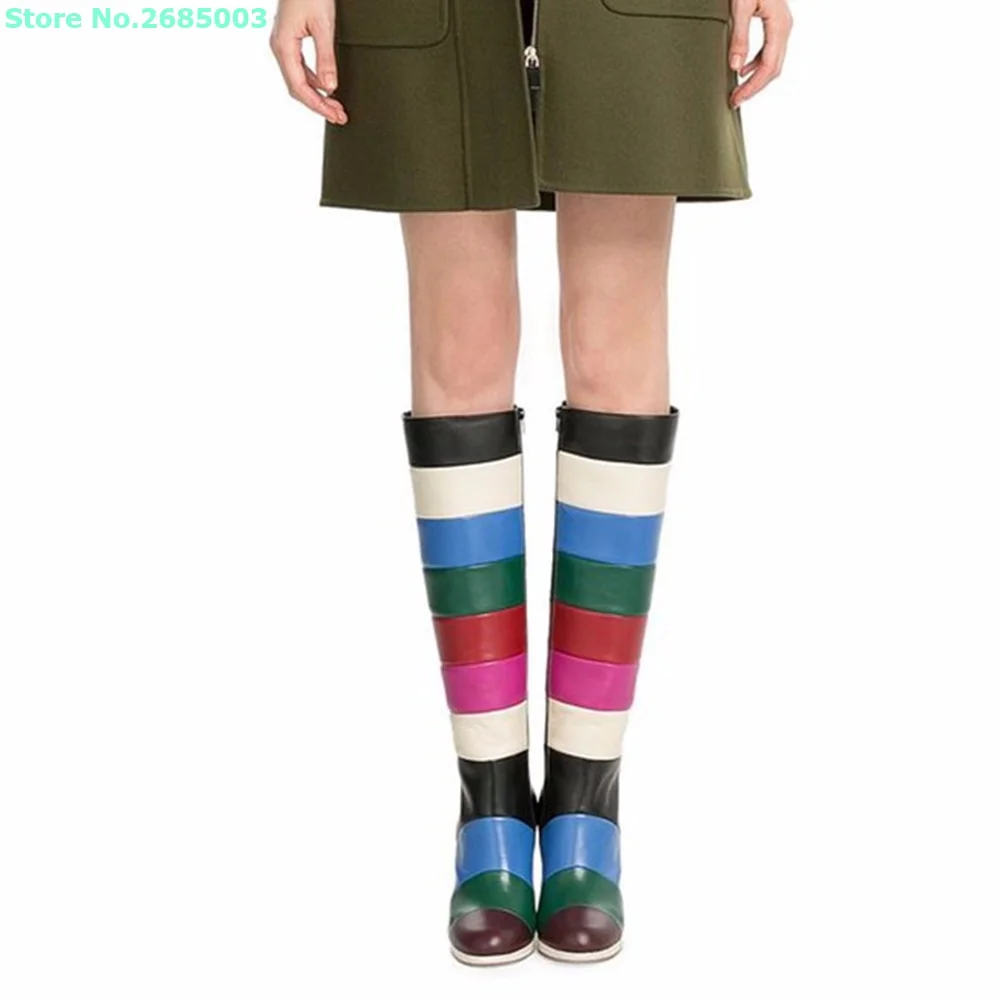 

Mixed Colors Square High Heels Boots Round Toe Knee High Women Newest Party Dress Fashion Winter Autume Boots Shoes