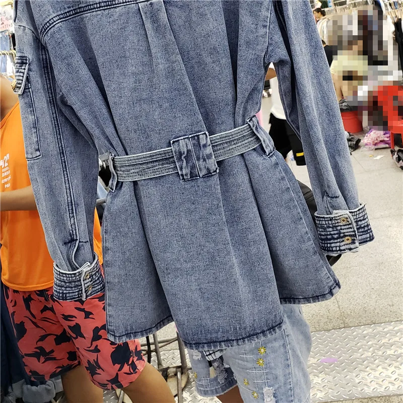 

Long Denim Jacket Female Ins Spring and Autumn 2021 New Loose Korean Version of The Bf Waist Thin Sashes Heavy Denim Jacket