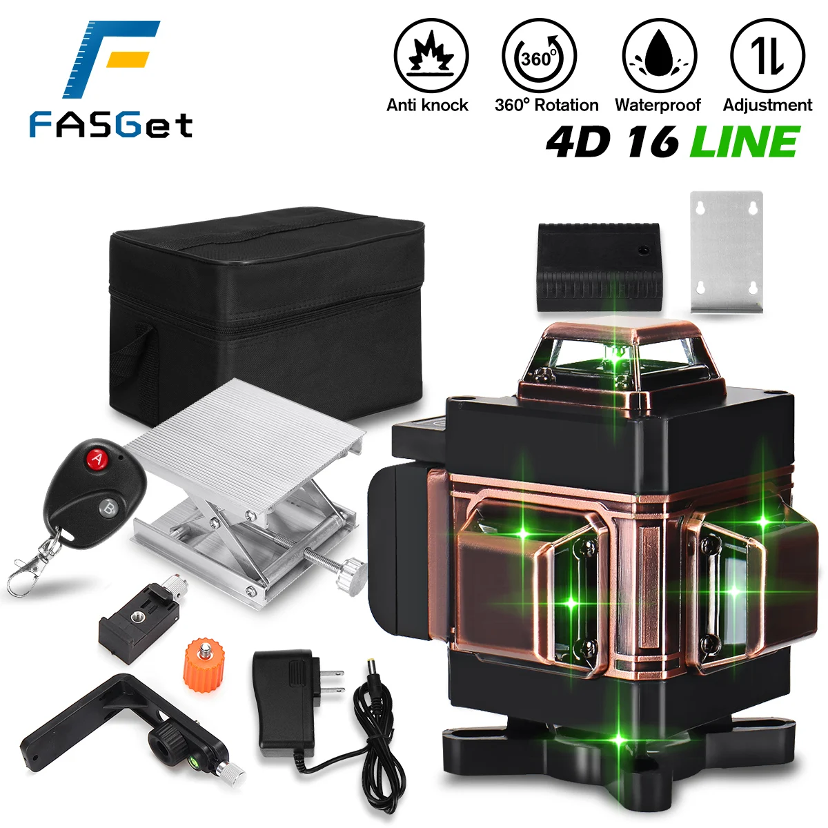 

NEW!FASGET 16 Lines 4D Laser Level cross line Green laser level self-leveling multipurpose level laser horizons vertical measure