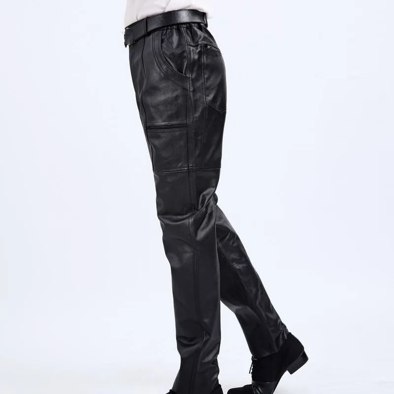 Корейские модные повседневные мужские штаны из натуральной кожи деловые