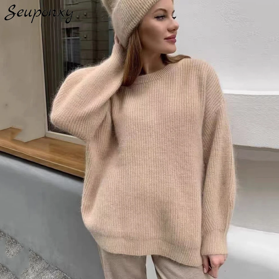 

Высококачественный Женский модный вязаный свитер для осени/зимы 2021 НОВЫЙ свободный кашемировый пикантный Повседневный пуловер с круглым вырезом и длинными рукавами