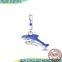 classic blue shark charms with blue zircon 925 sterling silver charms beads fit original pandora bracelet bangle jewelry