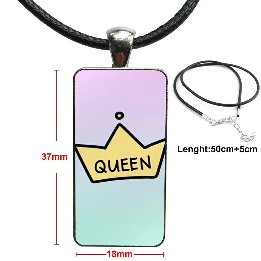 

Queen Crown King For Woman Vintage Statement Glass Pendant Necklace Handmade Half Pendant Rectangle Necklace