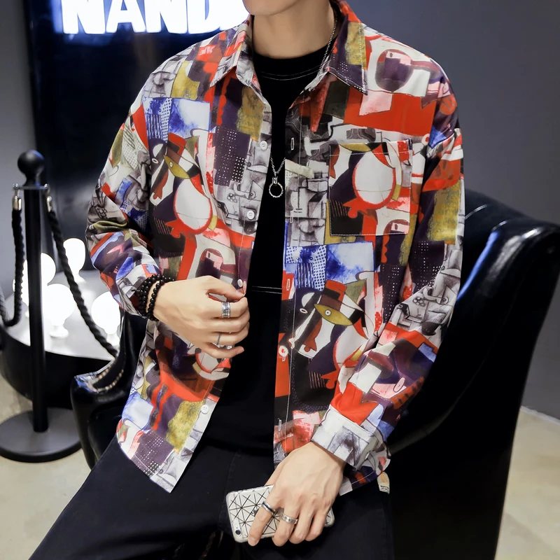 Мужская винтажная рубашка свободная дизайнерская с геометрическим принтом