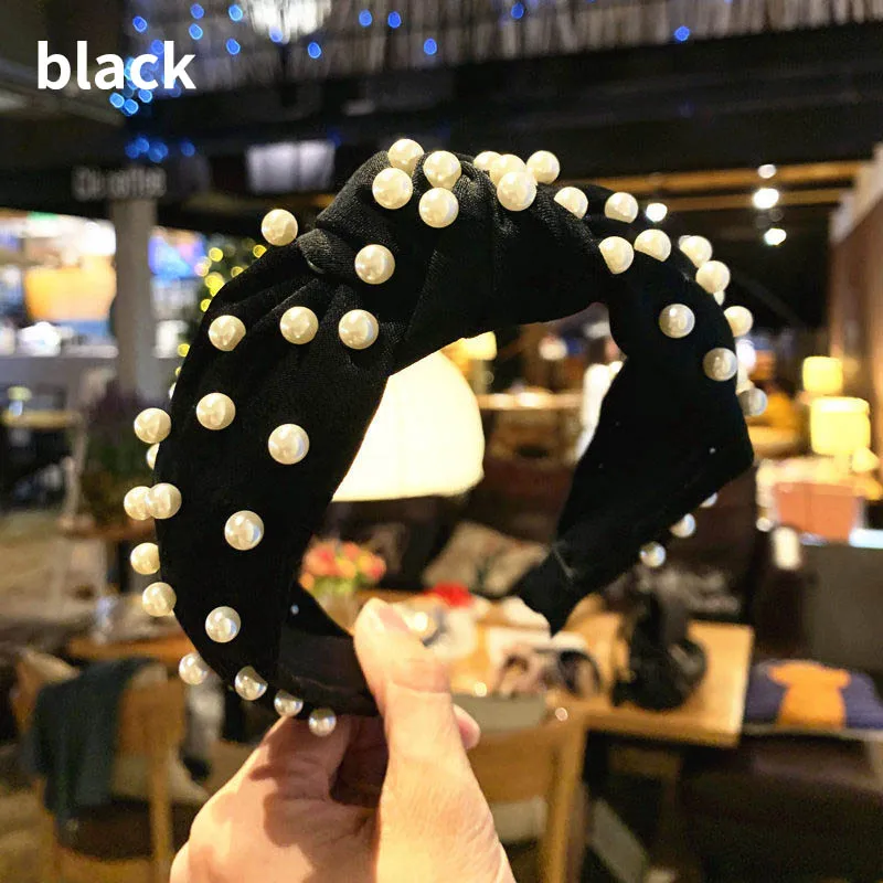 Pearl black Модная повязка для волос для девочек, аксессуары для волос с перекрестным узлом в богемном стиле, эластичная винтажная Женская бархатная повязка на голову с бантом - Цвет: Pearl black